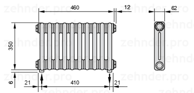 Схема (чертеж) Радиатор Zehnder Charleston 2035/10 №3570 Белый глянцевый RAL 9016